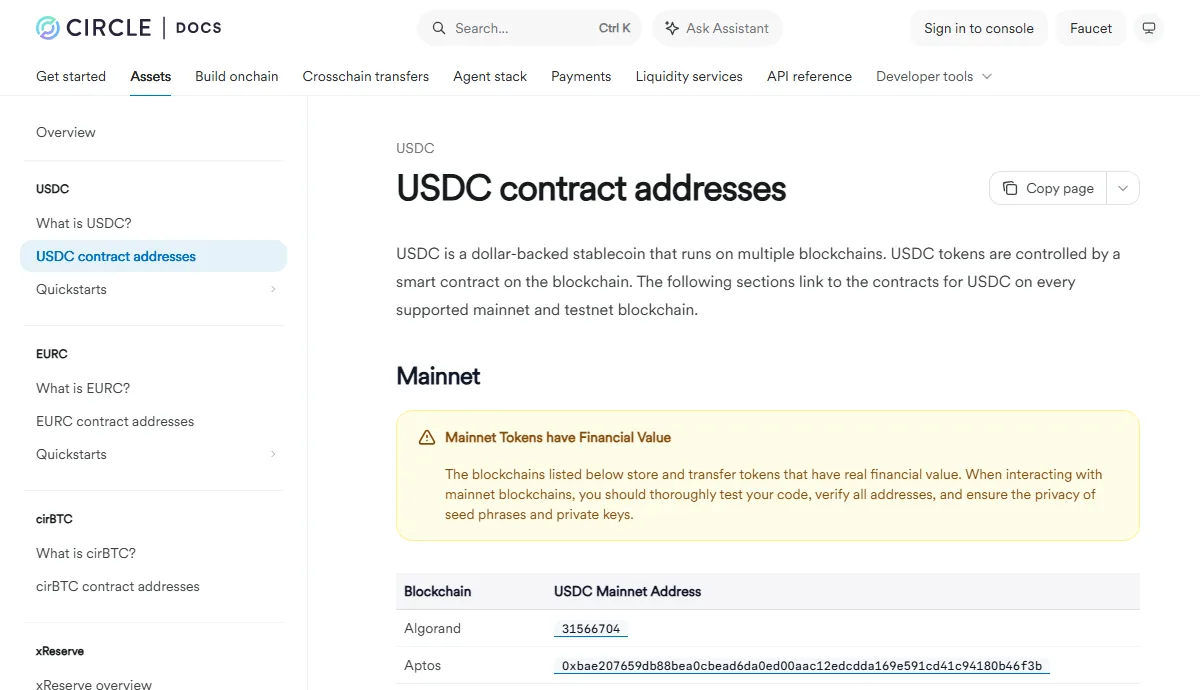 Circle Docs USDC contract-address page showing separate mainnet blockchain entries