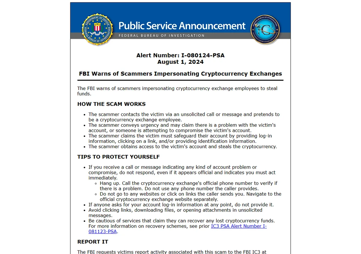 FBI and IC3 public service announcement warning that scammers impersonate cryptocurrency exchange staff, create urgency, request login information or links, and then steal funds