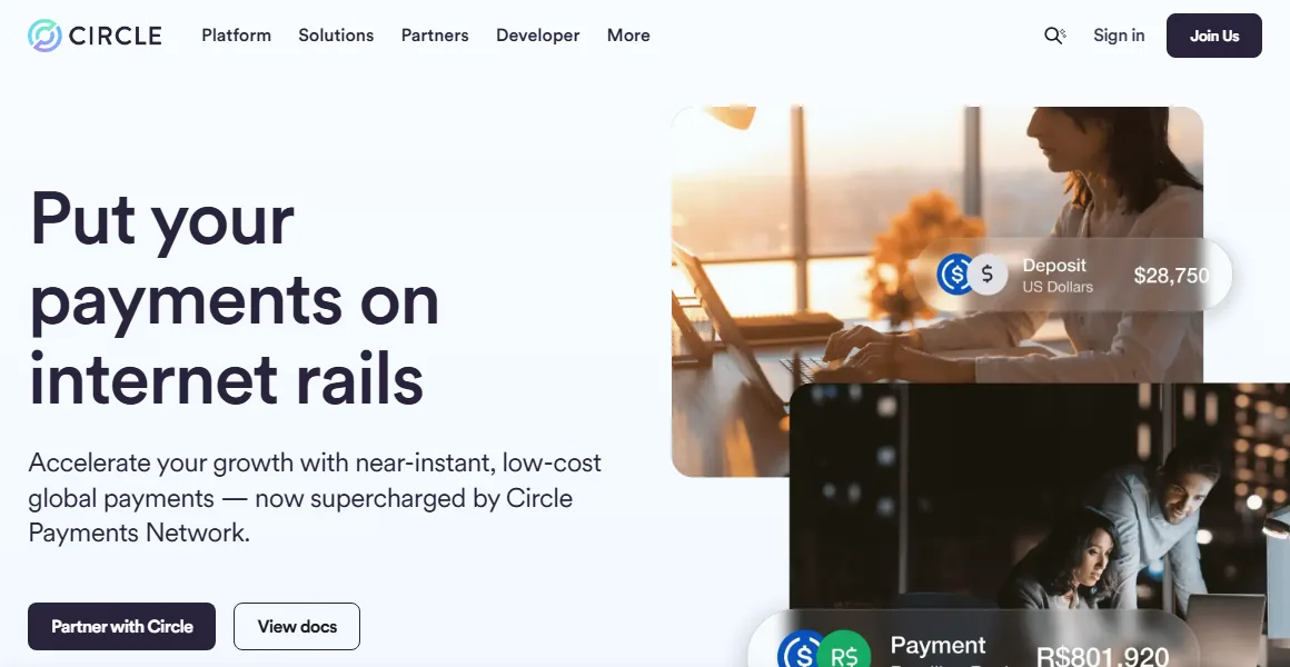 Circle public payments page presenting a cross-border stablecoin payment use case