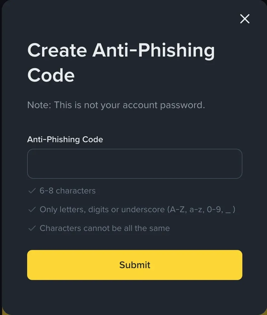 Binance Create Anti-Phishing Code dialog with an empty code field