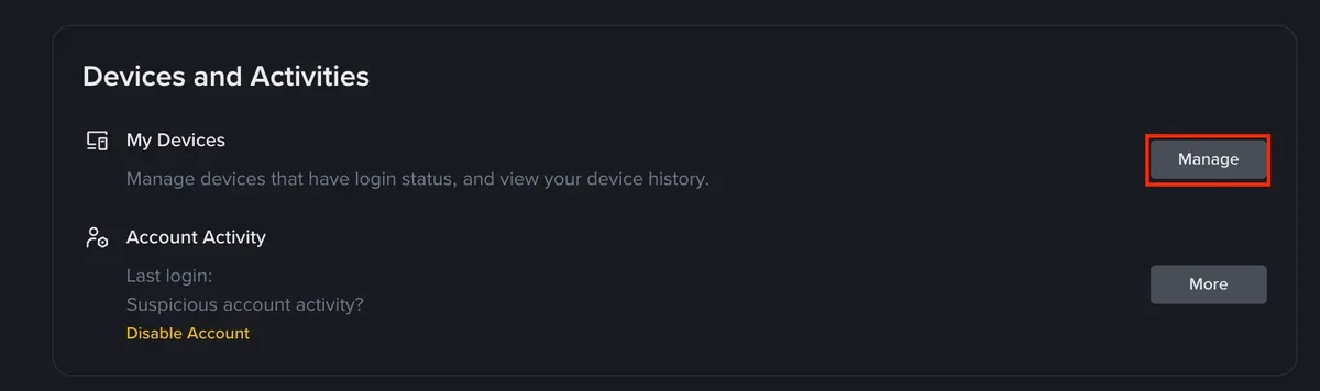 Binance Devices and Activities settings showing Manage devices and account activity controls