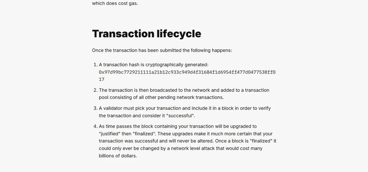 Ethereum.org transaction lifecycle showing hash generation, network broadcast, block inclusion and progression toward finality