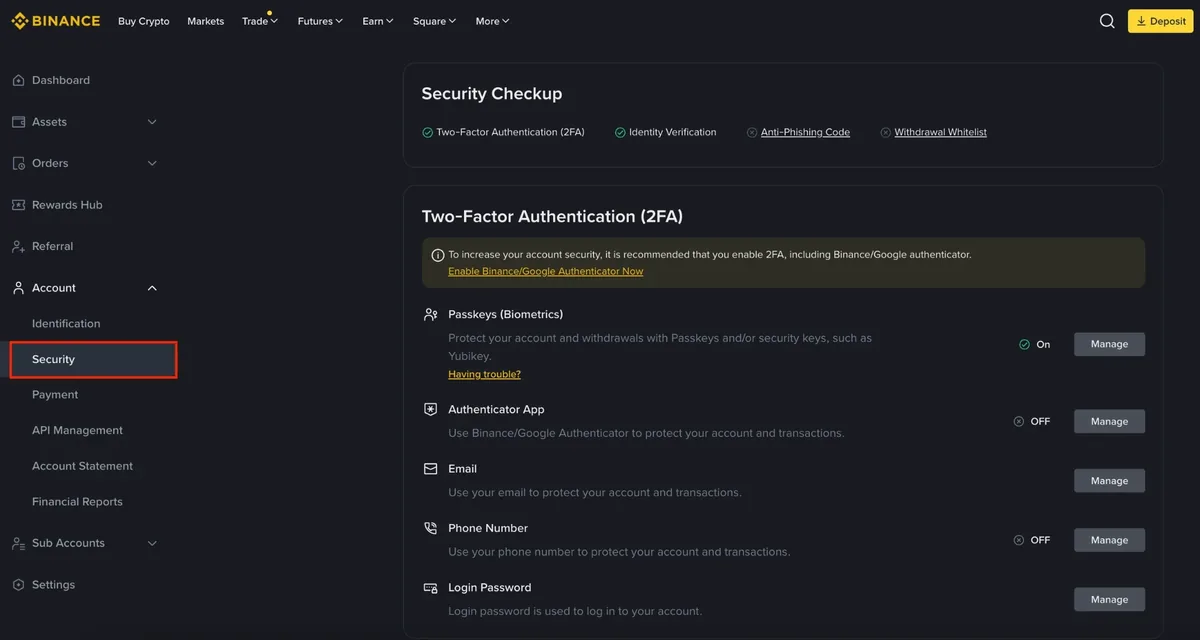 Binance Security settings page showing passkeys, authenticator app, email and phone controls