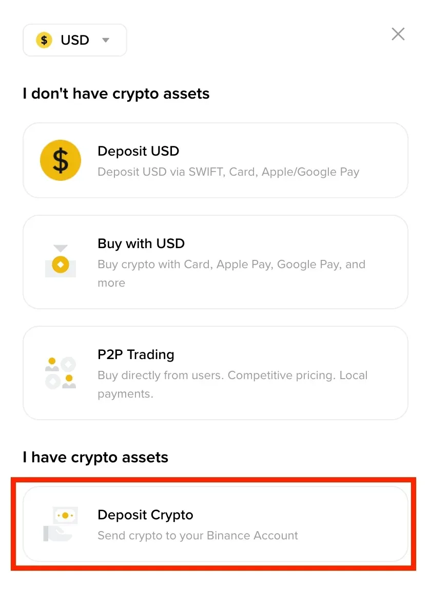 Binance deposit menu highlighting Deposit Crypto