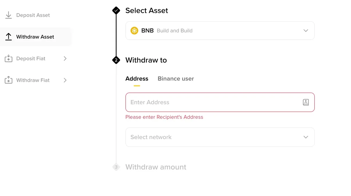 Binance withdrawal screen showing recipient address, network and amount sequence with no real address entered