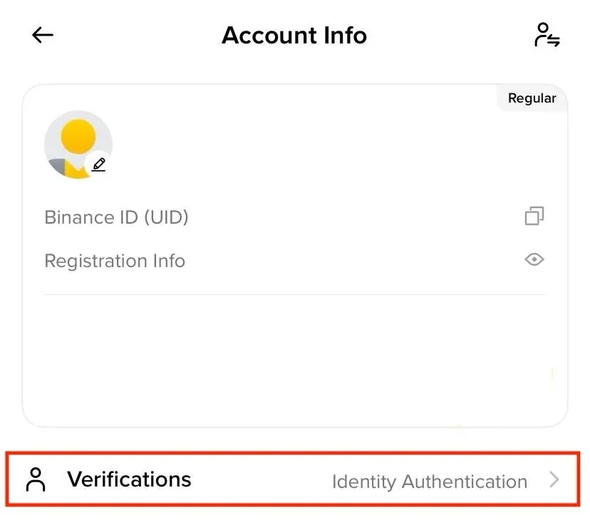 អេក្រង់ Account Info ក្នុង Binance App ដែលបង្ហាញ Verifications និង Identity Authentication