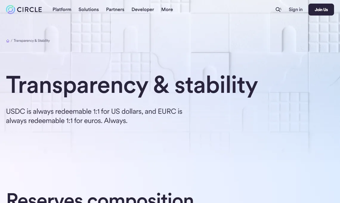 Circle Transparency and Stability page describing USDC and reserve information