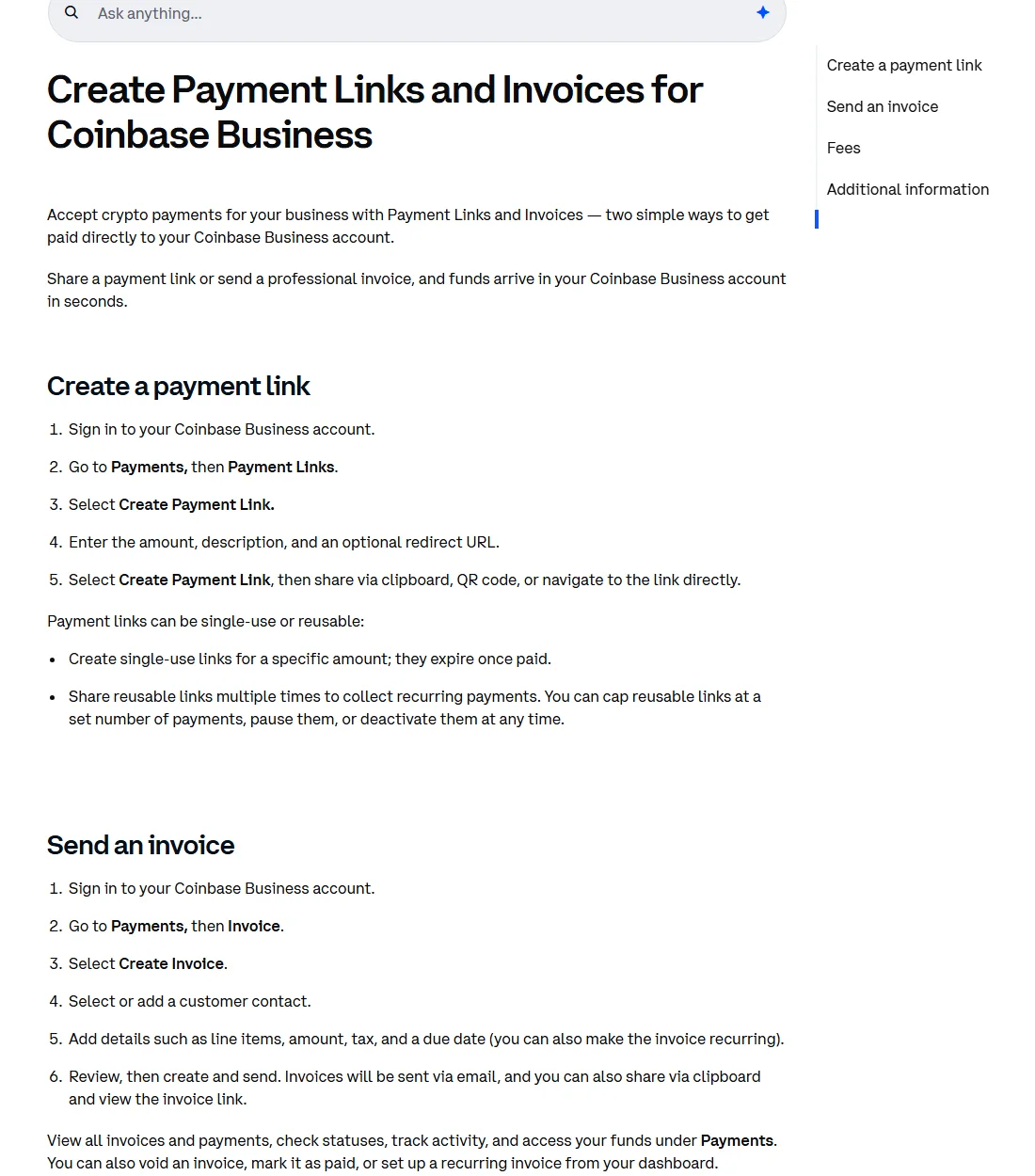 Coinbase Help page listing the user-facing steps to create and send a Coinbase Business invoice