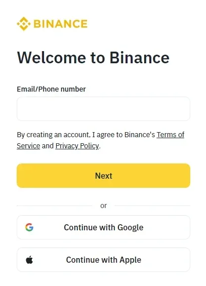 Binance registration screen with email or phone field and Google and Apple sign-up options