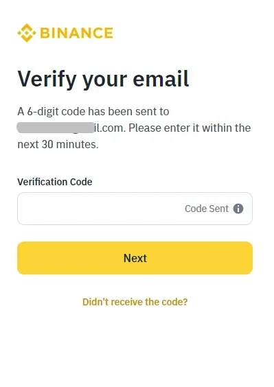 Binance email verification screen with the example email address redacted