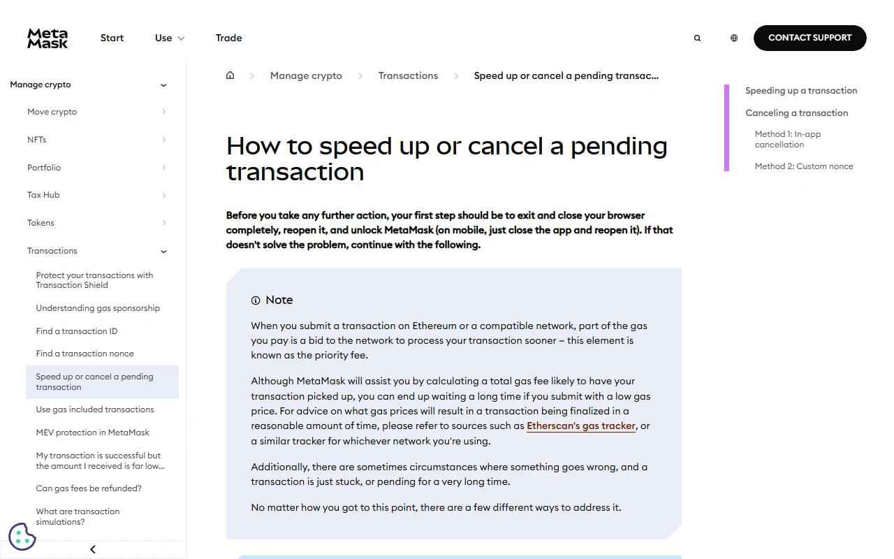 MetaMask Support page titled "How to speed up or cancel a pending transaction", with a note explaining that part of the gas fee is a priority-fee bid and that a low gas price can mean a long wait