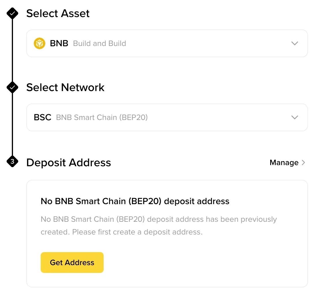 Binance crypto deposit screen showing asset, network and deposit-address sequence