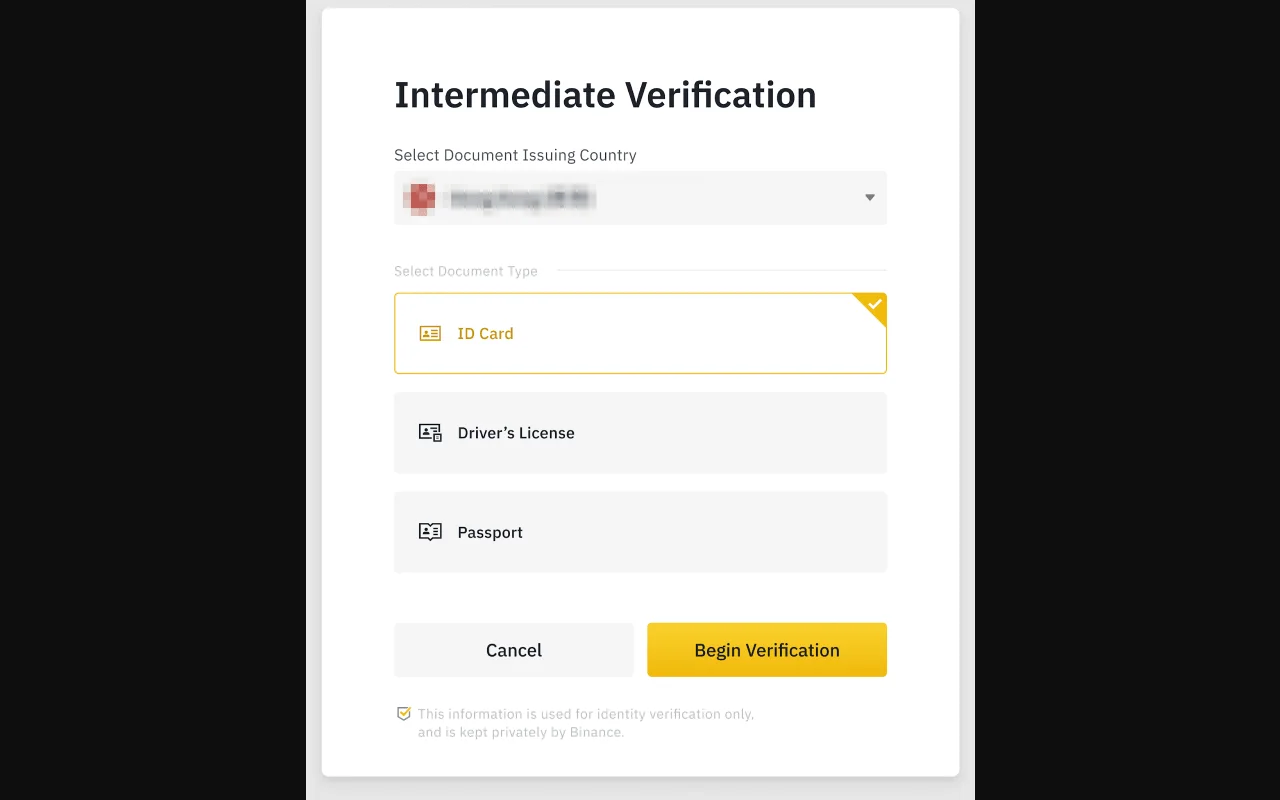 អេក្រង់ Binance ការផ្ទៀងផ្ទាត់អត្តសញ្ញាណ ផ្លូវការបង្ហាញជម្រើស ID Card, Driver’s License និង Passport ដោយបិទបាំងប្រទេសចេញឯកសារ