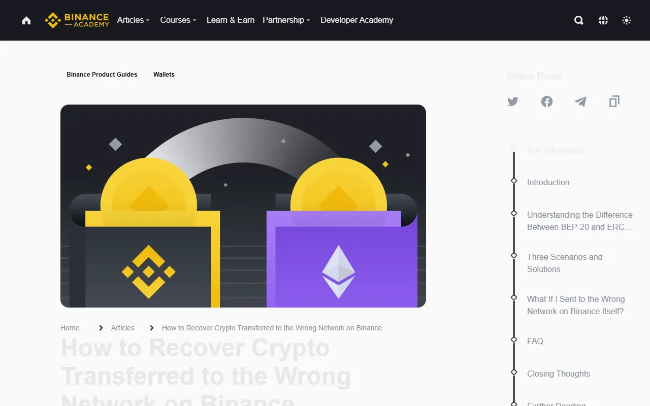 Binance Academy article "How to Recover Crypto Transferred to the Wrong Network on Binance", with its section list including "Three Scenarios and Solutions" and "What If I Sent to the Wrong Network on Binance Itself?"