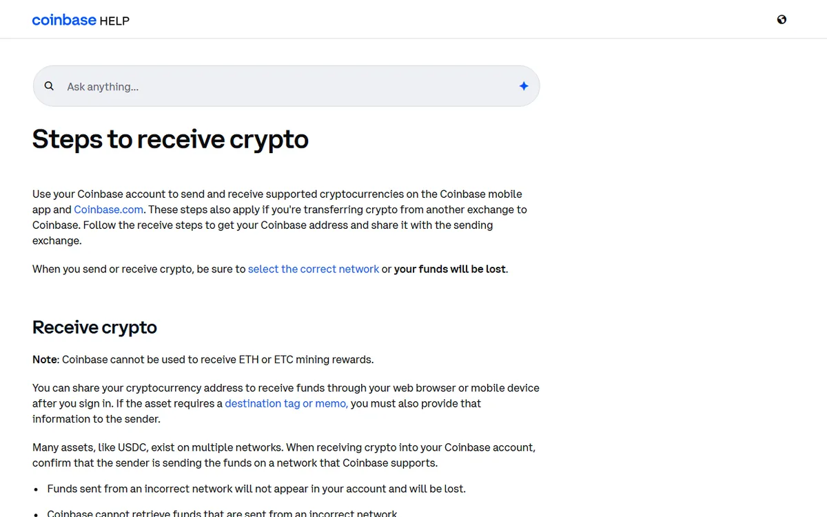 Coinbase Help page warning that assets such as USDC exist on multiple networks and the sender must use a supported receiving network