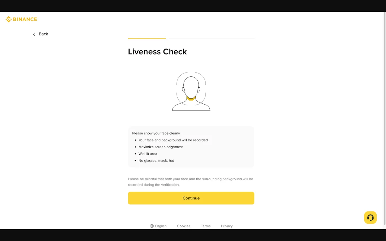 អេក្រង់ Binance Liveness ពិនិត្យ ផ្លូវការណែនាំឱ្យបង្ហាញមុខច្បាស់ ប្រើកន្លែងភ្លឺ និងដោះវ៉ែនតា Mask និងមួក