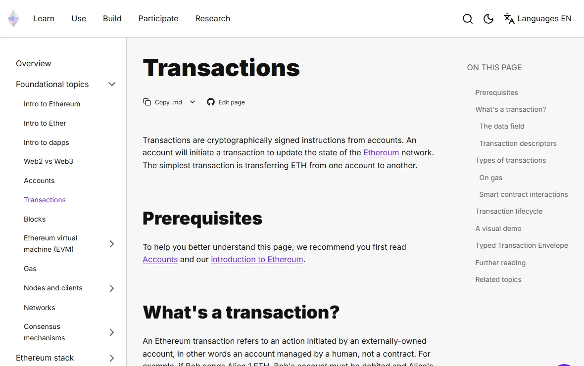 Ethereum.org Transactions documentation page defining a blockchain transaction